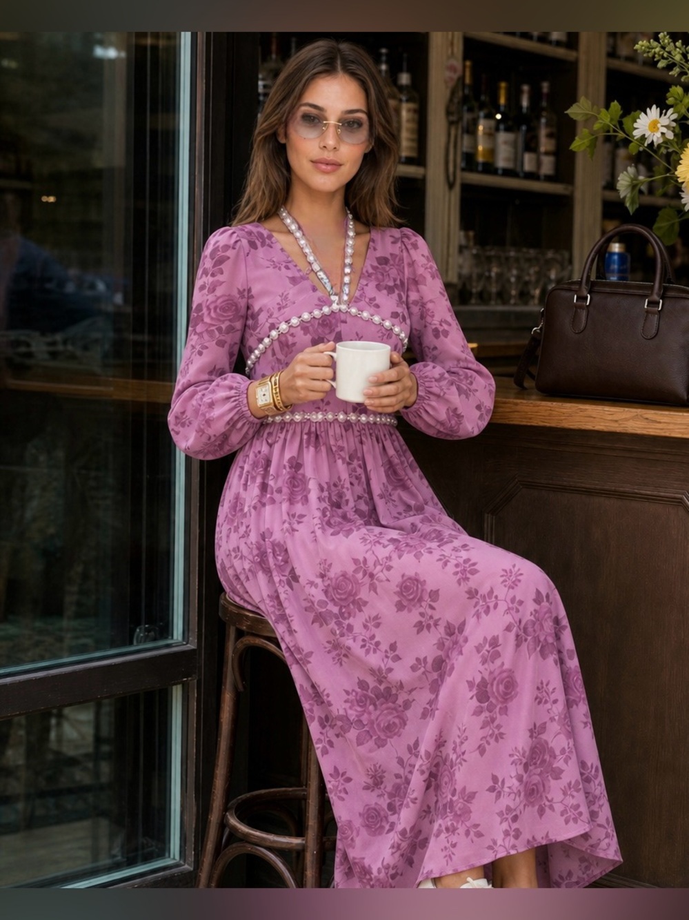 Women’s Lavender Floral Maxi Dress with Pearl Trim
